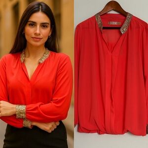Orange Sequin Trim Blouse • Made in Italy • Elegant Long Sleeve Top